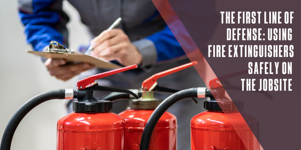 Three fire extinguishers lined up in the foreground, blurry in the background is a person with clipboard checking them Three fire extinguishers lined up in the foreground, blurry in the background is a person with clipboard checking them