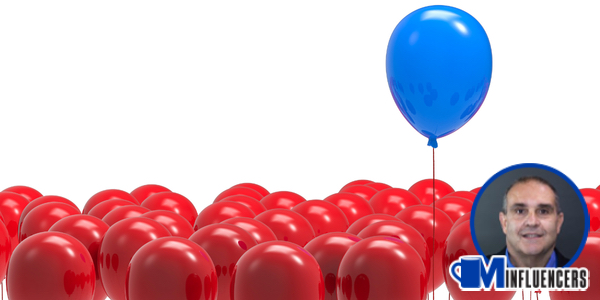 image of a blue balloon rising above red balloons, John Kenney’s headshot in the bottom right image of a blue balloon rising above red balloons, John Kenney’s headshot in the bottom right